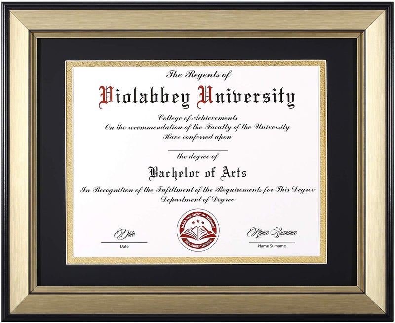 VIOLABBEY 8.5x11 Diploma Frame Light Gold, 8.5 x 11 Certificate Frame with Mat or 11x14 College Degree Frames without Mat, Wall or Tabletop Display, Tempered glass (Matte Black Gold Double Mat) - Image 1